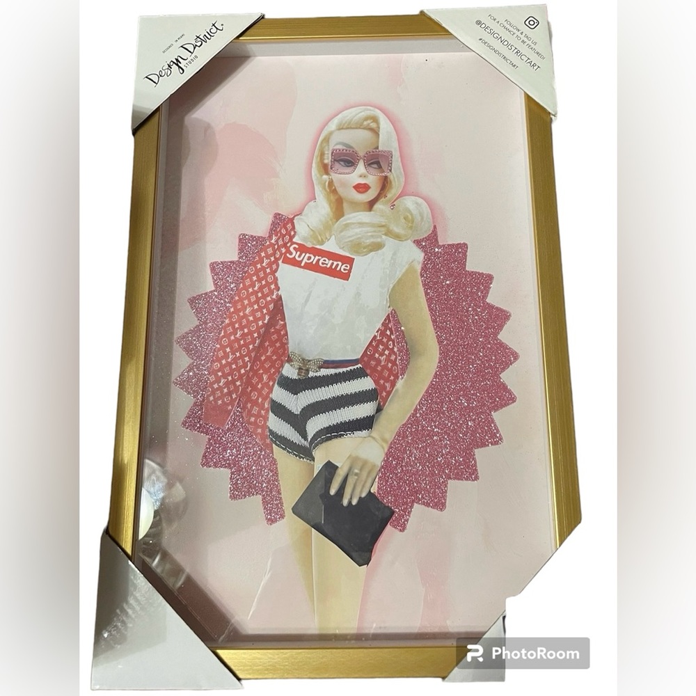Barbie x Supreme Fashion Glass Frame, NWT, 10” x 15” in Gold Metallic Frame